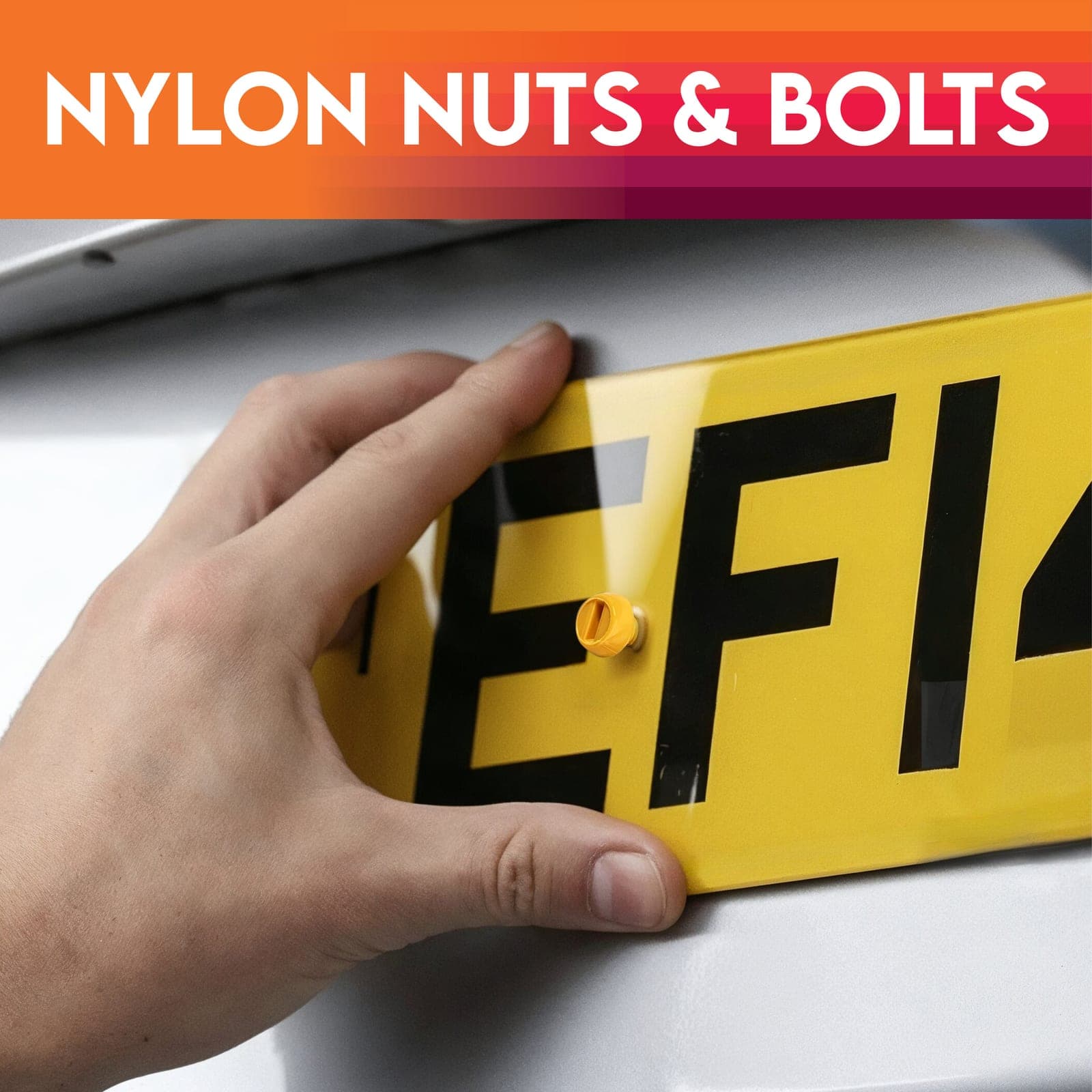 Fernline nylon nut and bolt fixing a yellow UK number plate
