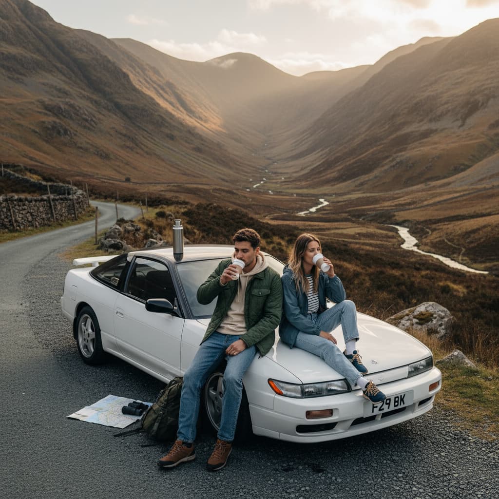 Two friends drinking coffee on the bonnet of a white 90s coupe parked in a mountain valley
